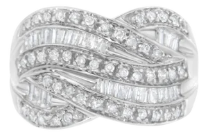 .925 Sterling Silver 1.0 Cttw Channel Set Alternating Round and Baguette Diamond Cross-over Bypass Ring Band (I-J Color, I2-I3 Clarity) - Size 7