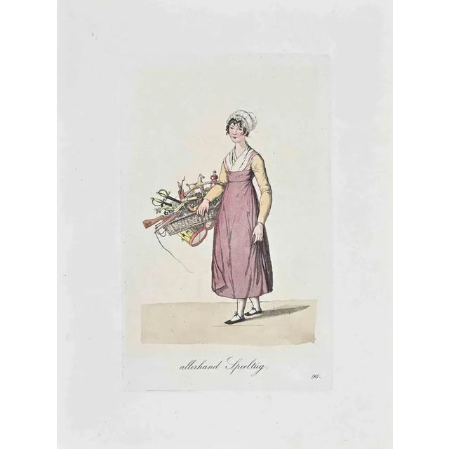 Hand-colored etching by Christoph Suhr in 1808. Belongs to the series "Der Ausruf in Hamburg dargestellt in einhundert und...