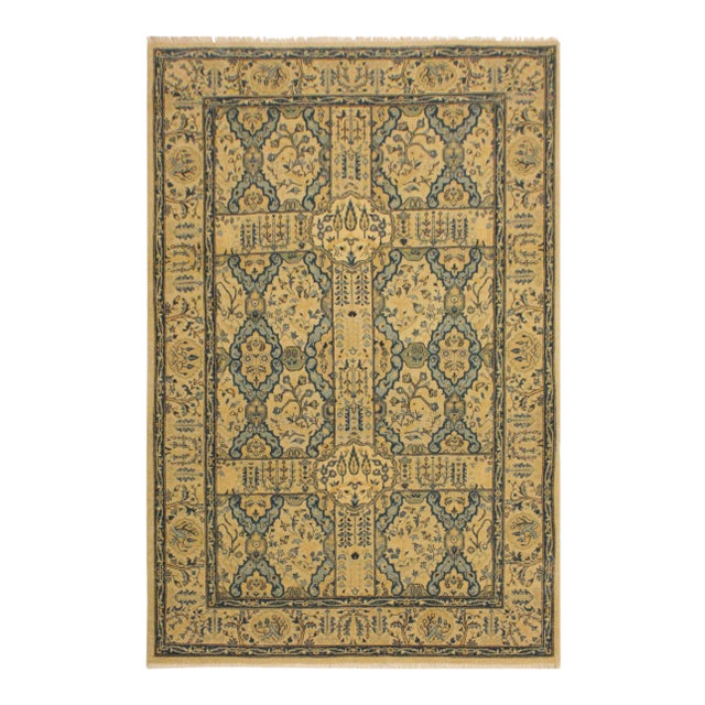 1980s Semi Vintage Tan/Teal Turkish Hand-Knotted Rug -4'8 X 7'0 For Sale