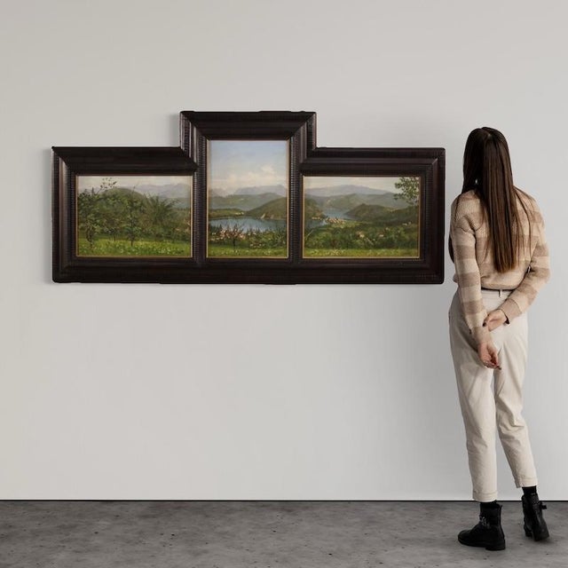 Triptych of Italian paintings from the first half of the 20th century. Artwork depicting a beautiful view of Lake Lugano,...