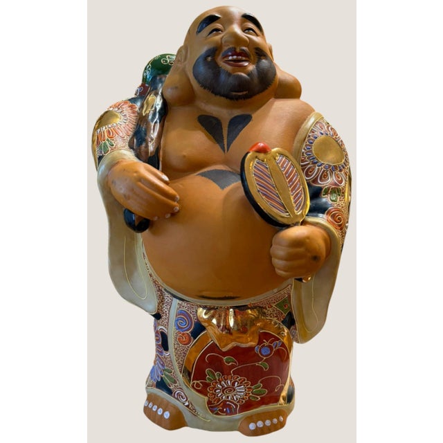 Ceramic Antique Japanese Satsuma Hotei Okimono Uchiwa Fan Gilt Meiji Period 14.5" For Sale - Image 7 of 15