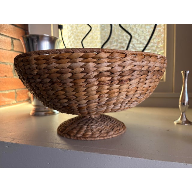 Late 20th Century Vintage Woven Natural Fiber Pedestal Bowl Basket For Sale - Image 5 of 11