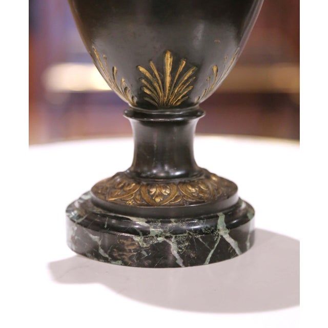 Pair of 19th C. French Neoclassical Cast Iron Cassolettes Urns on Marble Bases For Sale - Image 10 of 12