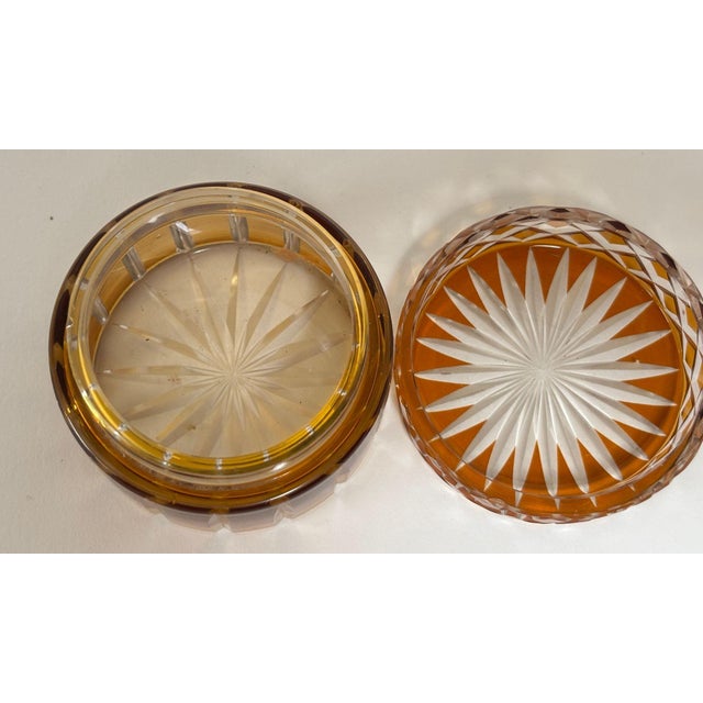Amber Vintage Bohemian Crystal Amber Covered Jar With Starburst Design For Sale - Image 8 of 9