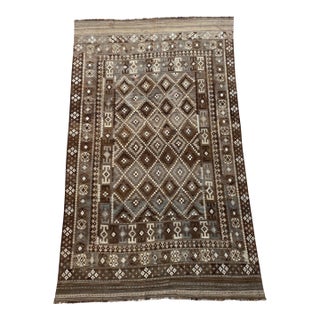 Afghan Ghalmori Maimana Kilim Rug 8x14 Ft, Handwoven Brown Gray Blue Bordered Flatweave, Large Tribal Area Rug For Sale
