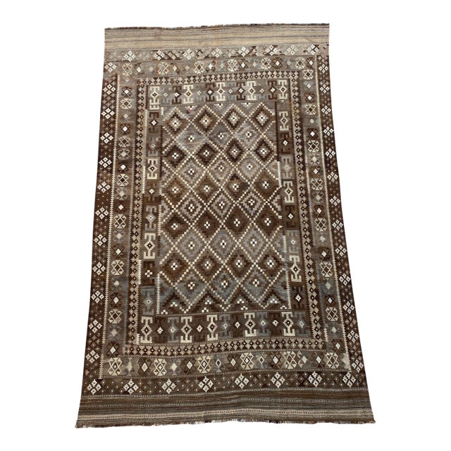 Afghan Ghalmori Maimana Kilim Rug 8x14 Ft, Handwoven Brown Gray Blue Bordered Flatweave, Large Tribal Area Rug For Sale