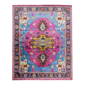 2010s Handmade Blue & Pink Modern Silk Rug With Medallion Design