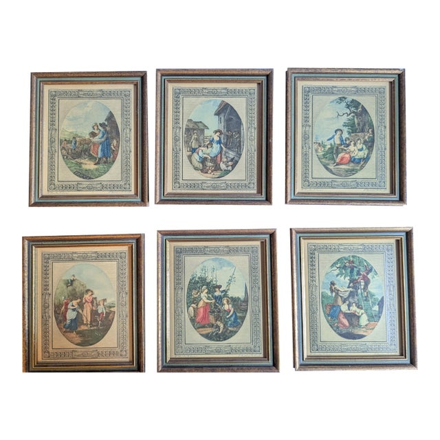1940s Set of 6 Small Framed Sidney Z Lucas Prints - Months of the Year - English Country Pastoral Art For Sale
