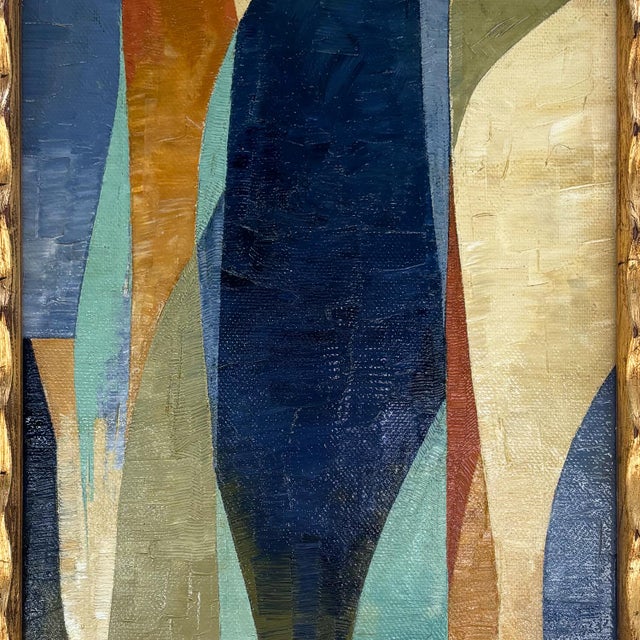 Mid-Century Modern Contemporary Navy Blue Abstract Oil Painting in Vintage Gold Ripple Frame For Sale - Image 3 of 6