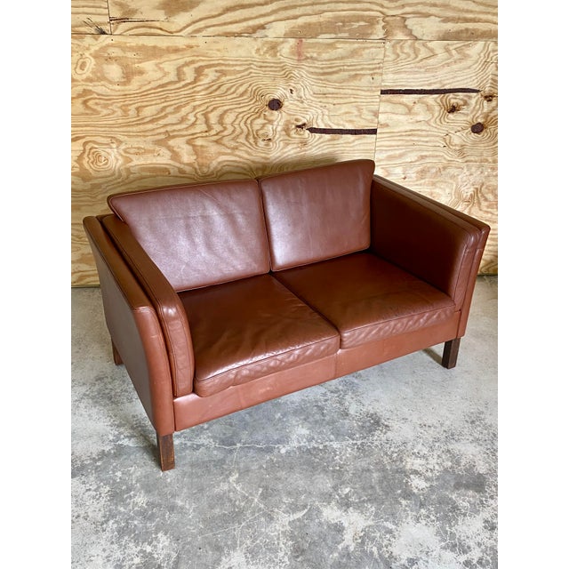Arne Vodder Danish Brown Leather Loveseat Sofa (After Børge Mogensen) For Sale - Image 4 of 12