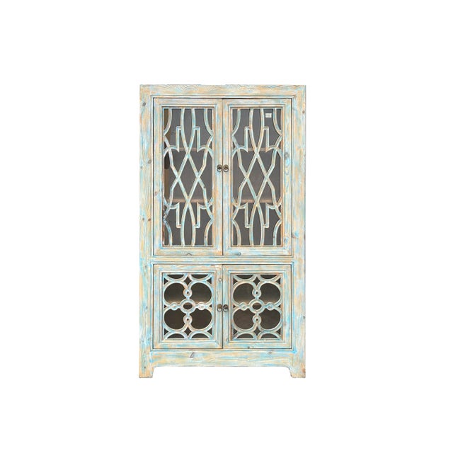 Distressed Shabby Chic Pastel Blue Latticework Glass Door China Bookcase Cabinet For Sale In San Francisco - Image 6 of 10
