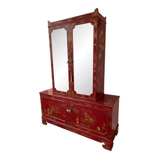 Vintage Asian Armoire With Red Lacquer Finish For Sale