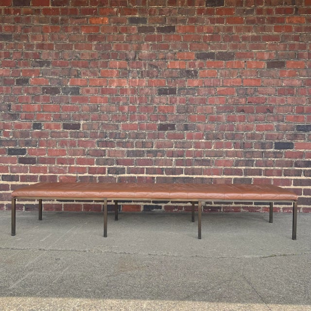 Mid century modern 3 seat leather and brass base bench by Helikon