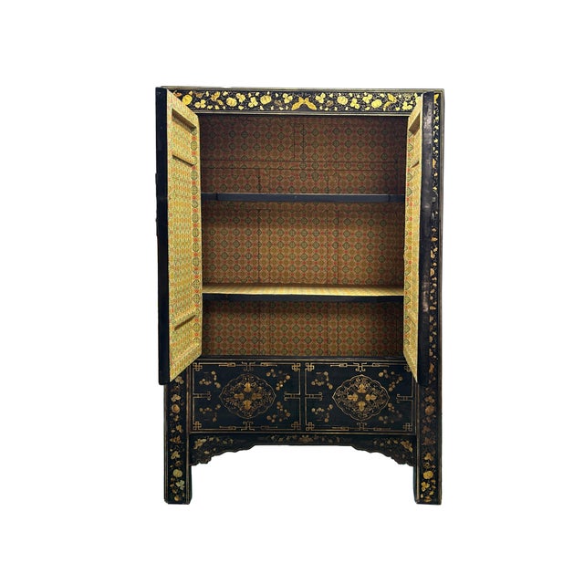 Vintage Chinese Black Golden Scenery Storage Armoire Wardrobe Cabinet For Sale - Image 4 of 9
