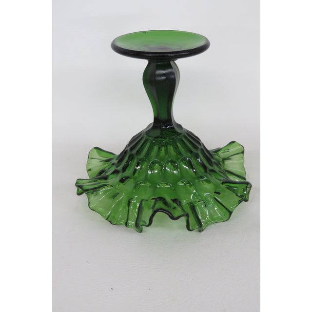 Fenton Green Thumbprint Style Ruffled Pedestal Large Compote Candy Dish 4570b For Sale - Image 11 of 15