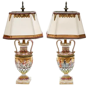 19th C. Italian Capodimonte Porcelain Urn Form Lamps - a Pair