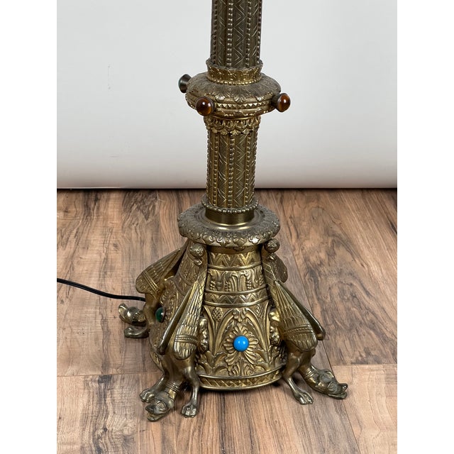 Antique Gothic Revival Brass Floor Lamp With Jeweled Base For Sale - Image 4 of 12
