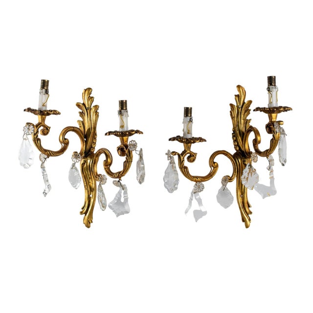 Early 19th Century Louis XV Style Rococo Gilt Brass Mounted Rock Crystal Two-light Sconces - a Pair For Sale - Image 4 of 9