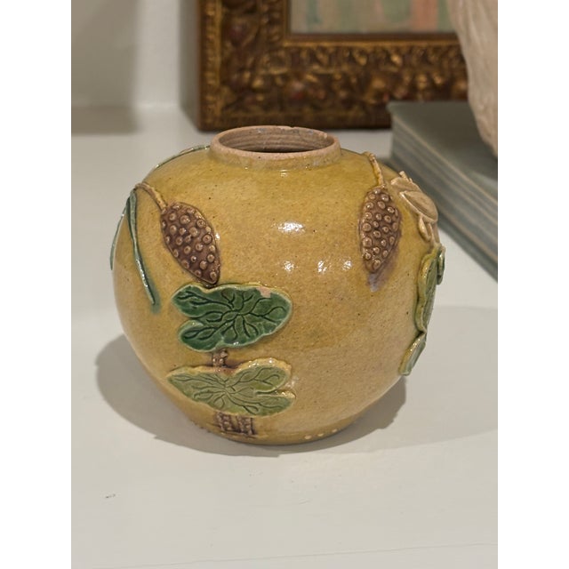 Antique Chinese Mustard Glazed Pottery Lotus & Crane Relief Vase / Ginger Jar For Sale - Image 9 of 16