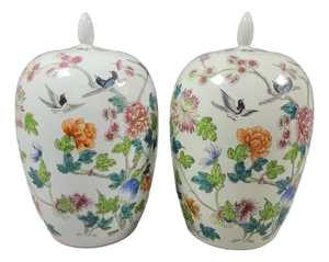 Pair of 20th C Famille Rose Ginger Jars With Birds and Flowers