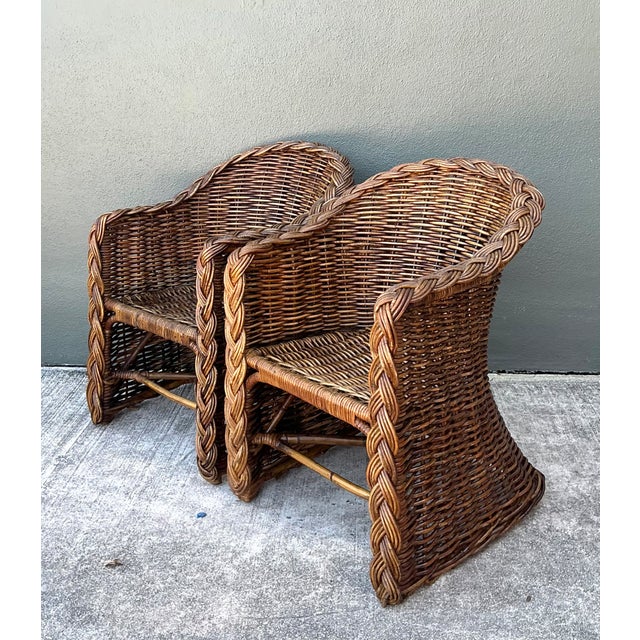 Vintage Woven Rattan Lounge Chairs - Pair For Sale - Image 4 of 12
