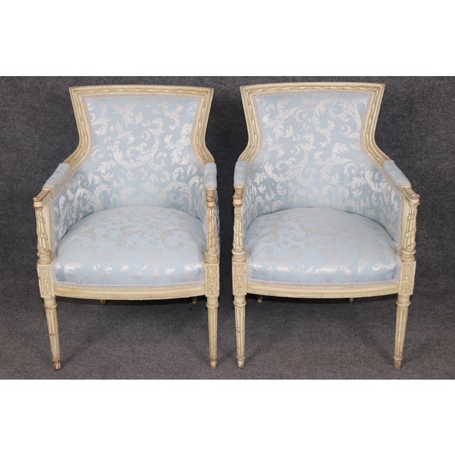 French Pair French Louis XV Style Blue Upholstered Bergères Chairs Attr to Jansen For Sale - Image 3 of 17