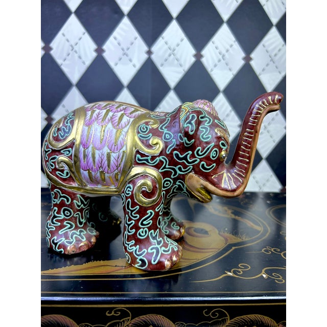 Chinoiserie 1980's Pair Decorative Ceramic Elephant Figurines in Burgundy, Pink & Gold Chinoiserie, Export Marks For Sale - Image 3 of 16
