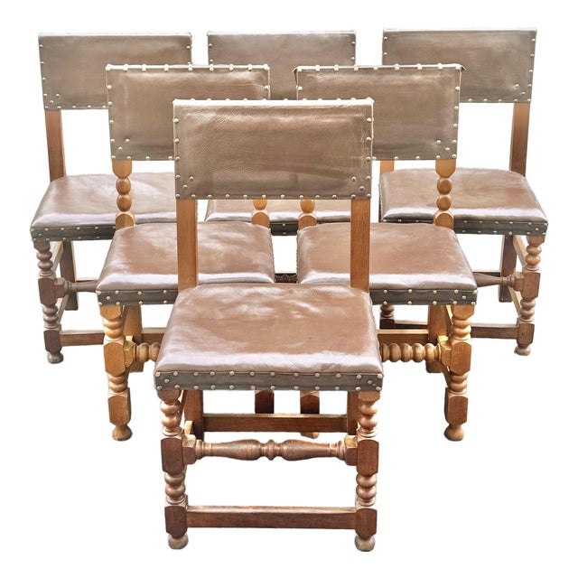 Early 1900’s Oak and Leather Cromwellian Dining Chairs - Set of 6 For Sale