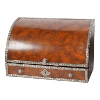 Maitland-Smith Burl Wood Roll Top Desk Box With Silvered Mounts – Regency Style Document Chest For Sale
