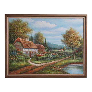 B. Trapp Vintage Meadow & Cottage Framed Oil Painting on Canvas For Sale