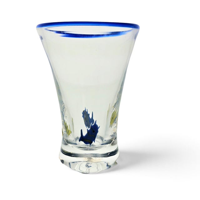 Late 20th Century Annieglass Tropical Fish Art Glass Vase Blue Rim 5.5" Santa Cruz For Sale - Image 5 of 12