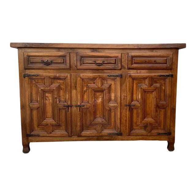 19th Catalan Spanish Baroque Carved Light Walnut Credenza For Sale