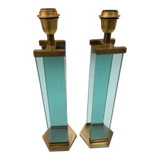 1970s Fontana Arte Style Brass and Blue Glass Table Lamps - a Pair For Sale