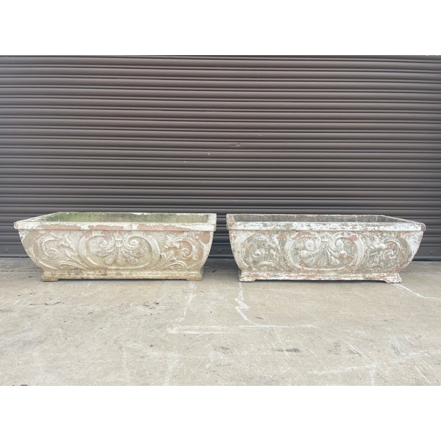 Another pair of rare and striking rectangular cast stone planters, recently rescued from a historic estate in the New...