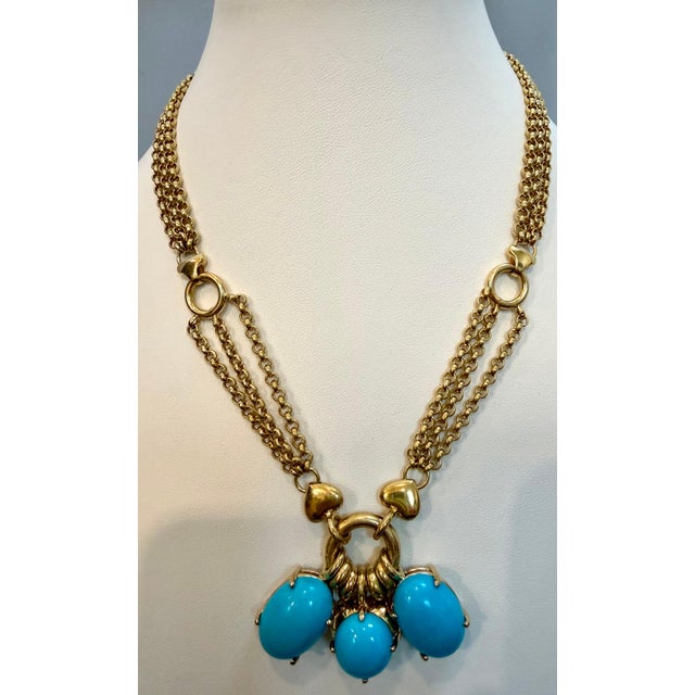 Vintage 60 Ct Natural Sleeping Beauty Turquoise Necklace, Three Charm 18 Kt Gold Natural Sleeping Beauty Turquoise which...