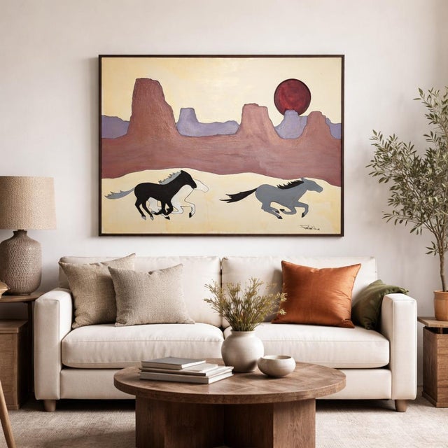 Vintage Signed 1994 Southwestern Horse and Desert Landscape Painting. An expressive late-20th-century Southwestern...