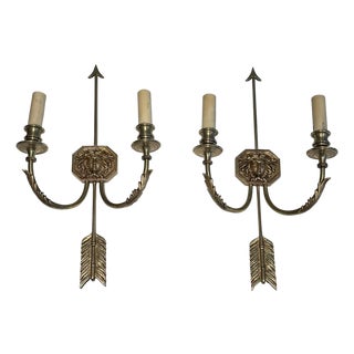 1950s bronze wall sconces with Arrows and Effigy of the Sun King by Louis Gau - a Pair For Sale