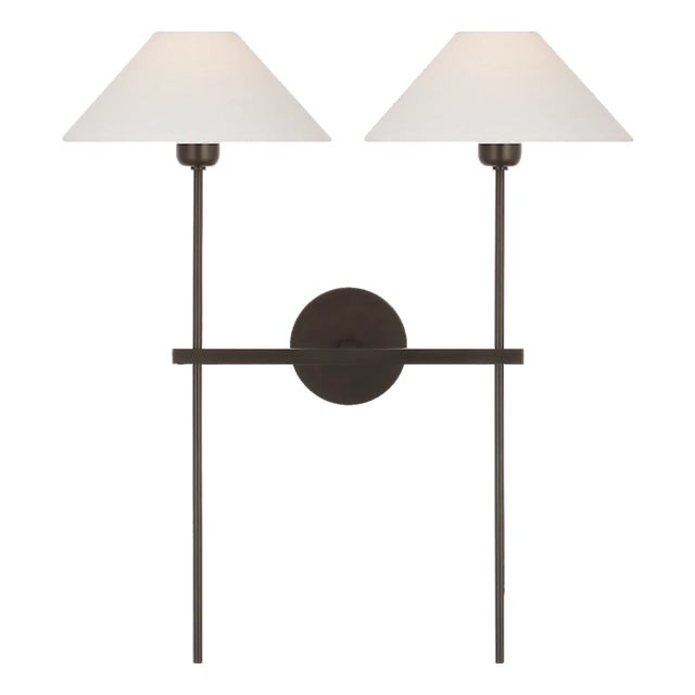J. Randall Powers for Visual Comfort Signature Hackney 25" Double Tail Sconce in Bronze with Linen Shades For Sale