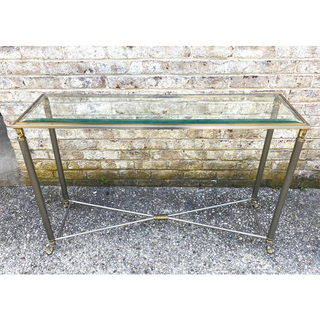 Mid-Century Modern Mid 20th Century Jansen Style Console Table in Steel and Brass For Sale - Image 3 of 11