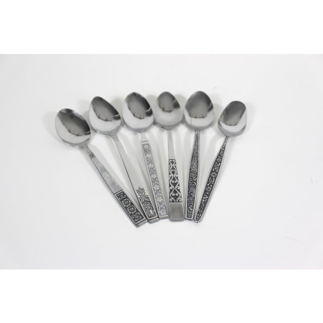Vintage Mid Century Modern Stainless Steel Tea or Dessert Spoon - Set of 6 For Sale - Image 4 of 7