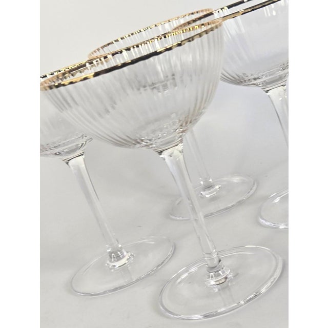 Mid 20th Century Gold Rimmed Ridged Hollywood Regency Champagne Coupes- Set of Four For Sale - Image 4 of 12
