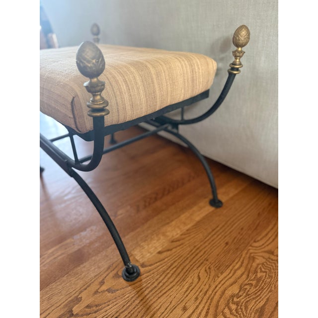 Mid-Century Modern Mid 20th Century Wrought Iron Curule Bench Brass Artichoke For Sale - Image 3 of 6