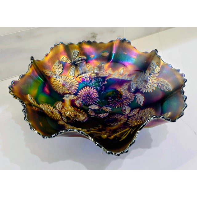 Classic Period Imperial Amethyst Carnival Glass Windmill Footed Bowl For Sale - Image 4 of 9