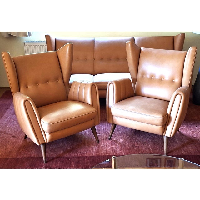 Wingback Living Room Set in Leather, 1950s, Set of 3 For Sale - Image 6 of 14