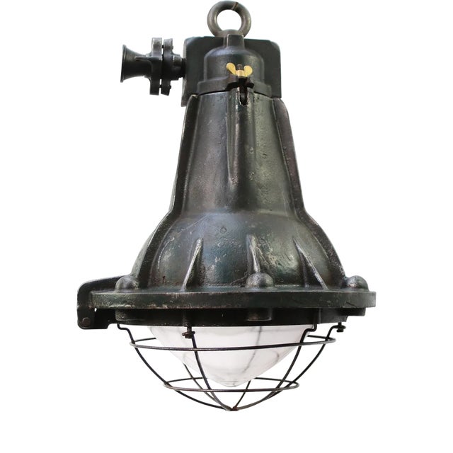 Vintage French Industrial Green Cast Iron and Clear Glass Pendant Lamp For Sale