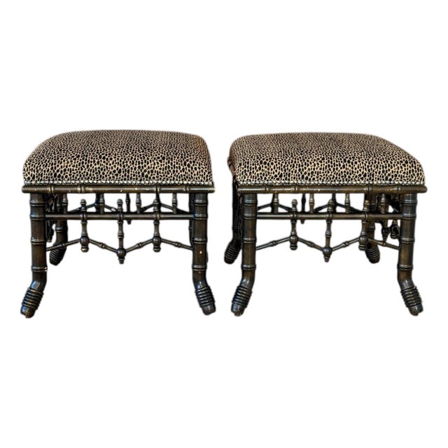 Vintage Chinoiserie Faux Bamboo Fretwork Ottomans With Leopard Upholstery-Pair For Sale