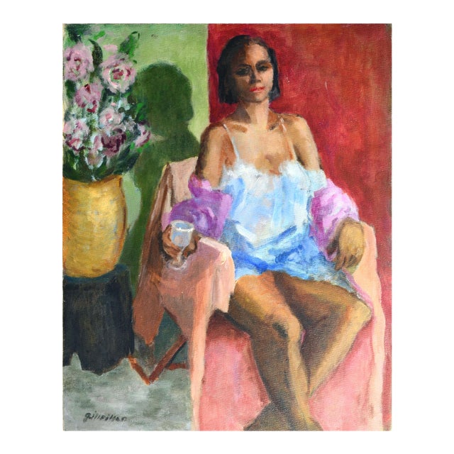 Seated Figure in Boudoir, American Impressionist Oil on Canvas, 1980s by Seated Figure in Boudoir, American Impressionist Oil on Canvas, 1980s For Sale