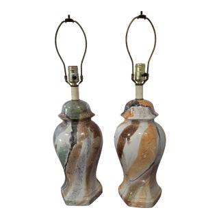 Mid 20th Century Pair Mid-Century Modern Marble-Glazed Ceramic Ginger Jar Style Table Lamps For Sale