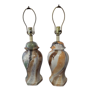 Mid 20th Century Pair Mid-Century Modern Marble-Glazed Ceramic Ginger Jar Style Table Lamps