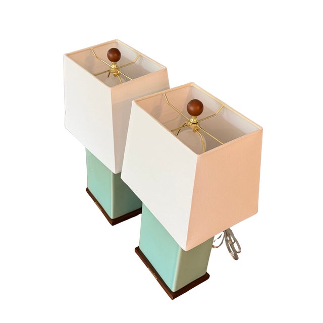 Pair of Lauren Ralph Lauren Celadon Crackle Glazed Porcelain Table Lamps | Coastal Modern Transitional Lighting With Original Shades For Sale - Image 14 of 15